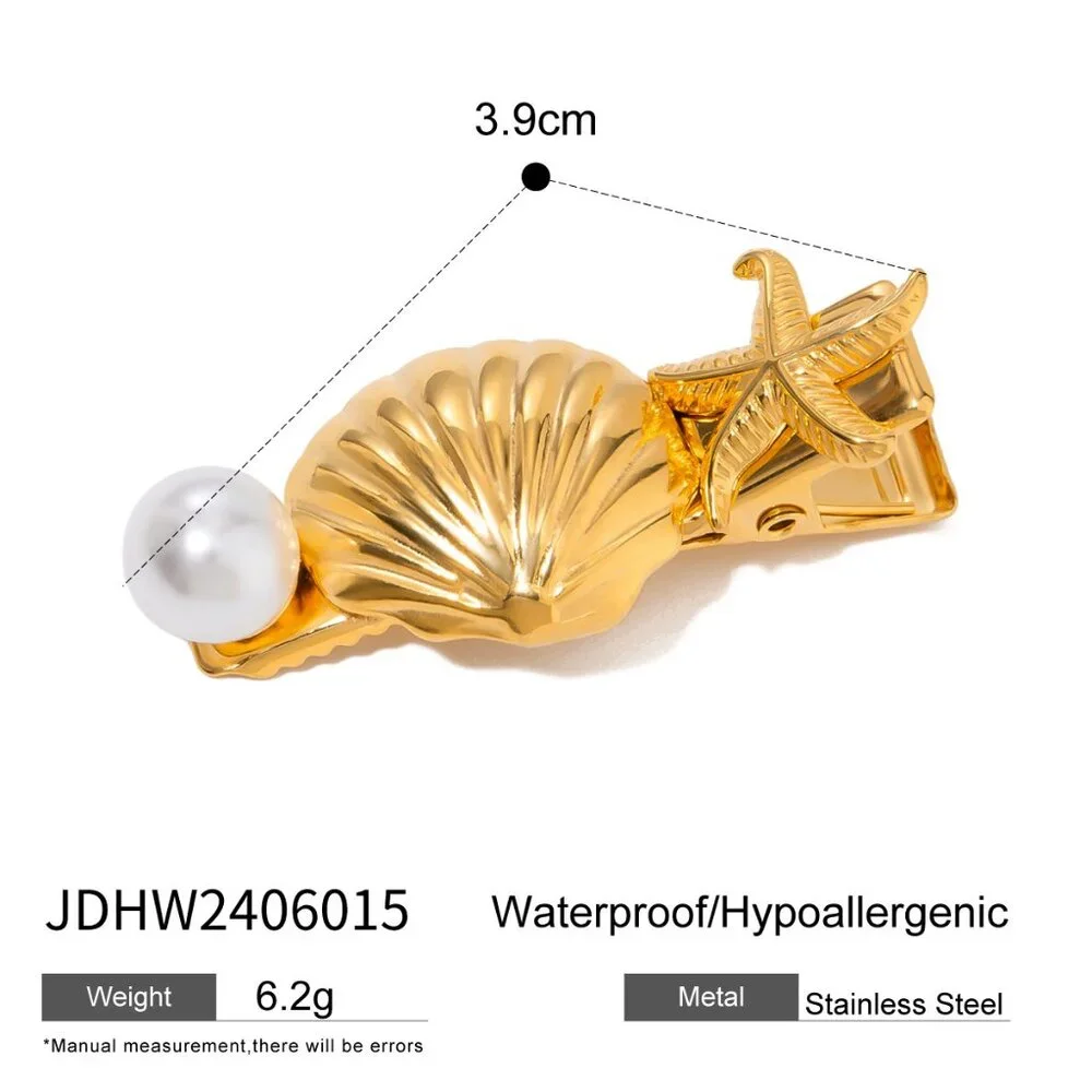 18K Gold Plated Stainless Steel Shell Starfish Pearl Hair Clip Coastal Barrette